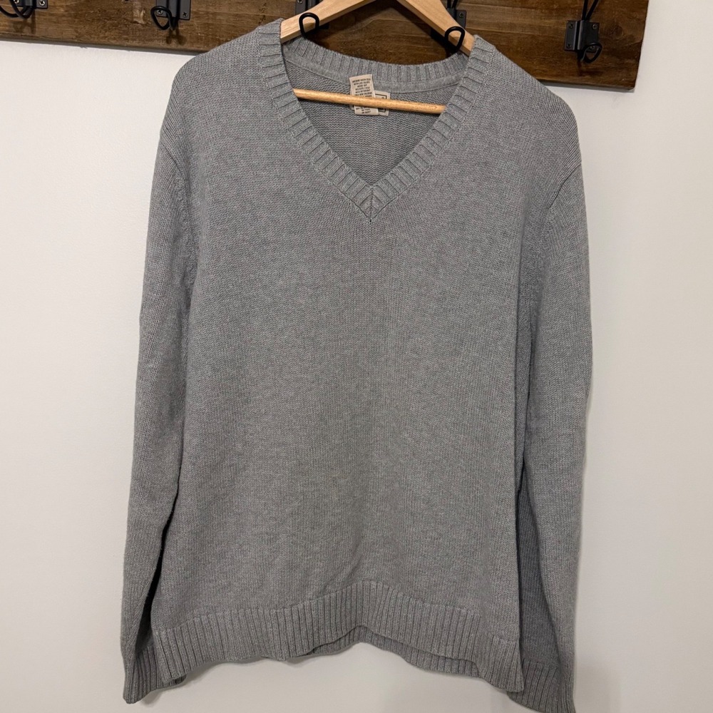 LL Bean Mens V-Neck Sweater Gray 100% Cotton Knit Item 270806 Large Regular